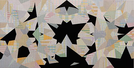 Matthew Cusick, Rendition No. 2 (Topkapi Scroll p344), 2015
Inlaid mileage charts, sumi on panel, 24 x 47 in.
MCU-040